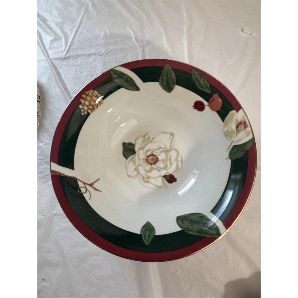 Tienshan Magnolia Round Serving Bowl Floral Pink Green Rim Fine China 9